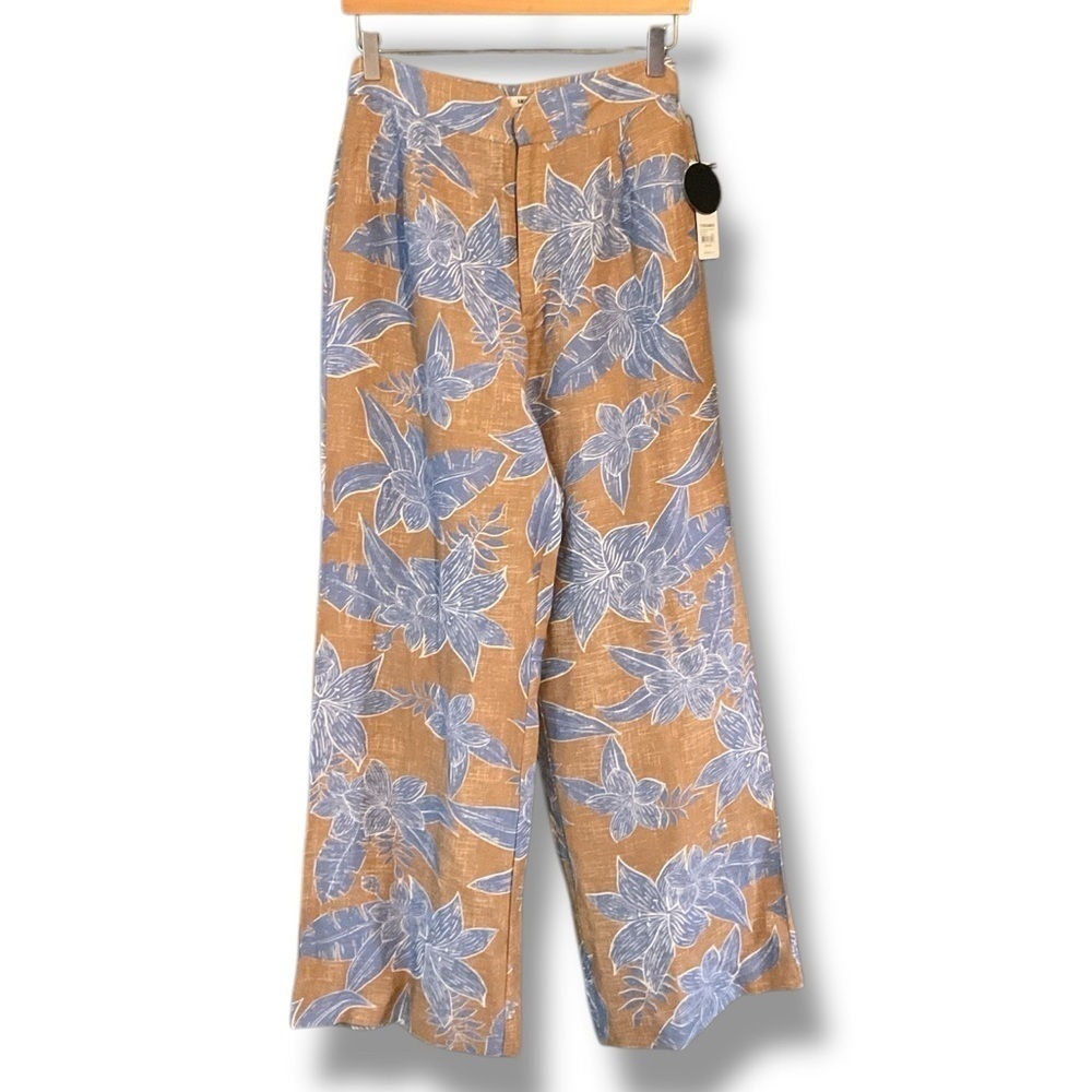 Amuse Society Tan Blue Floral Linen Wide Leg High Waist Pants Size Medium